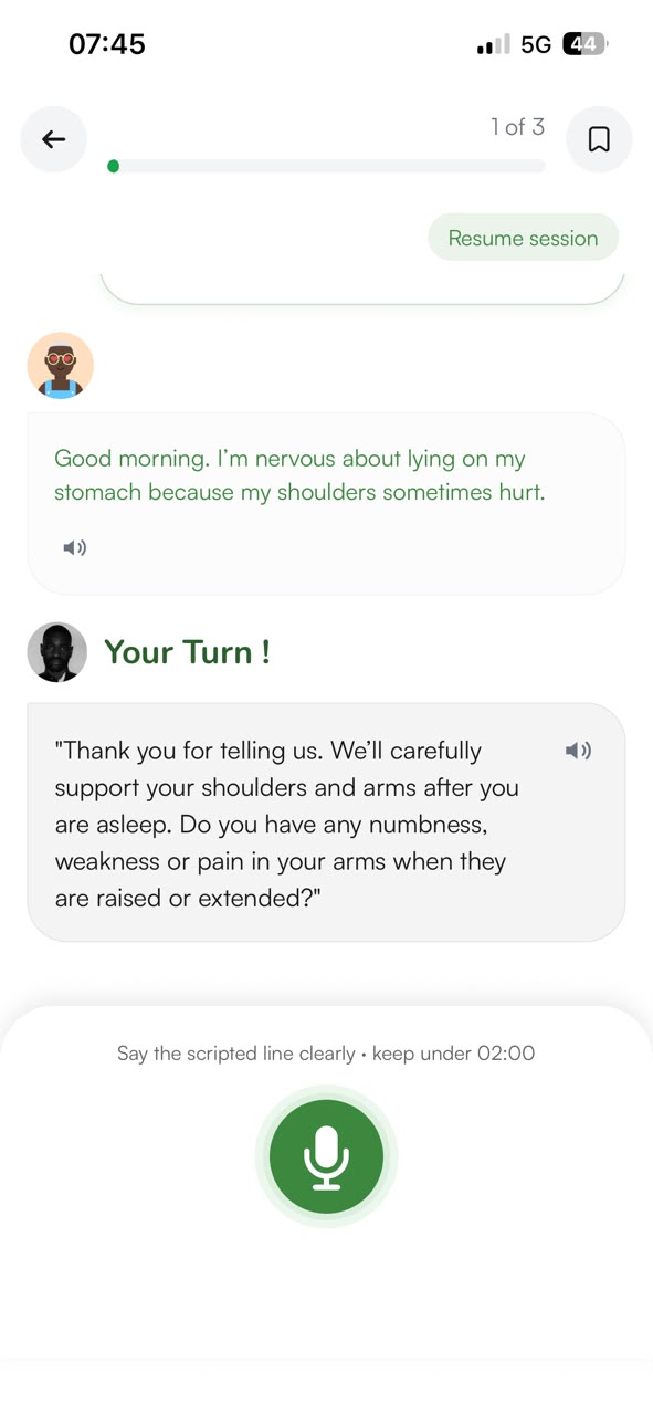 Eklan clinical conversation practice screen