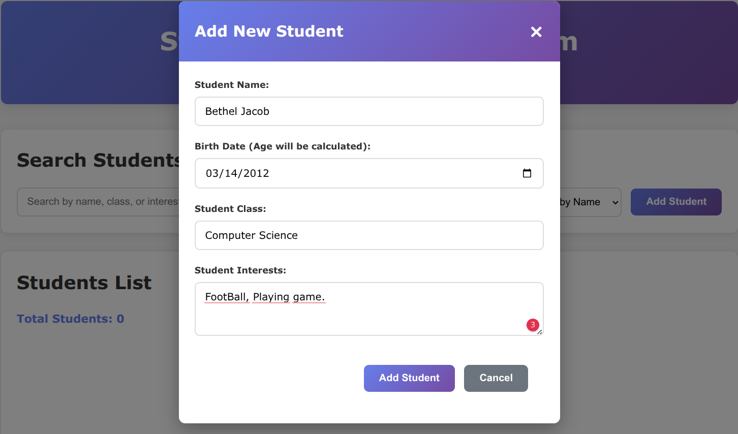 Student Management System project interface